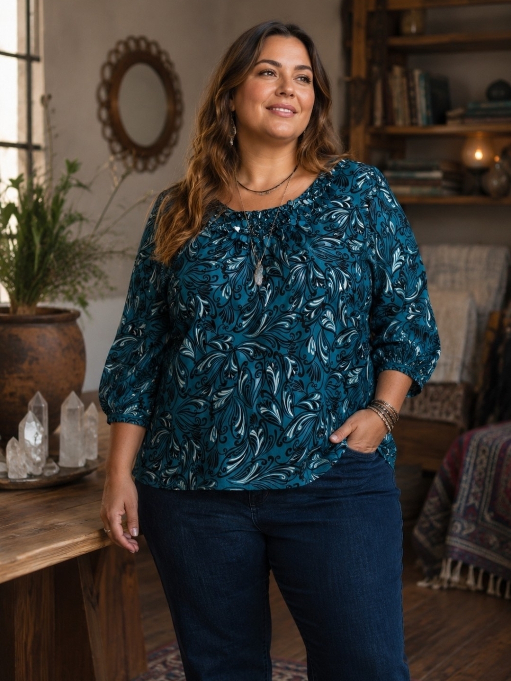 4/$15 Plus Size Teal Floral-Print Peasant Top Women's Shirt Sz 2x Elle Boho